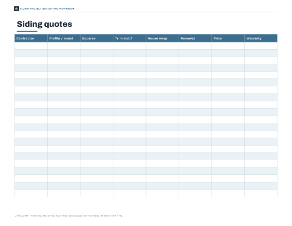 Preview of Printable Siding Quote Comparison Sheet