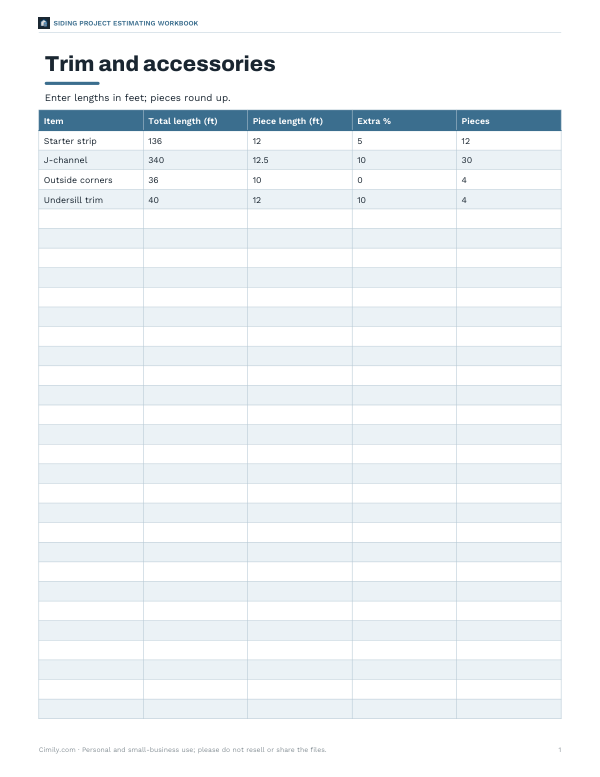Preview of Printable Vinyl Siding Trim Calculator